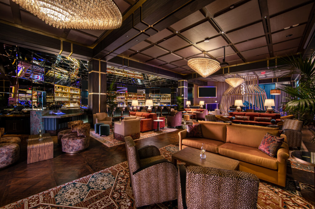 a room with a large chandelier and couches