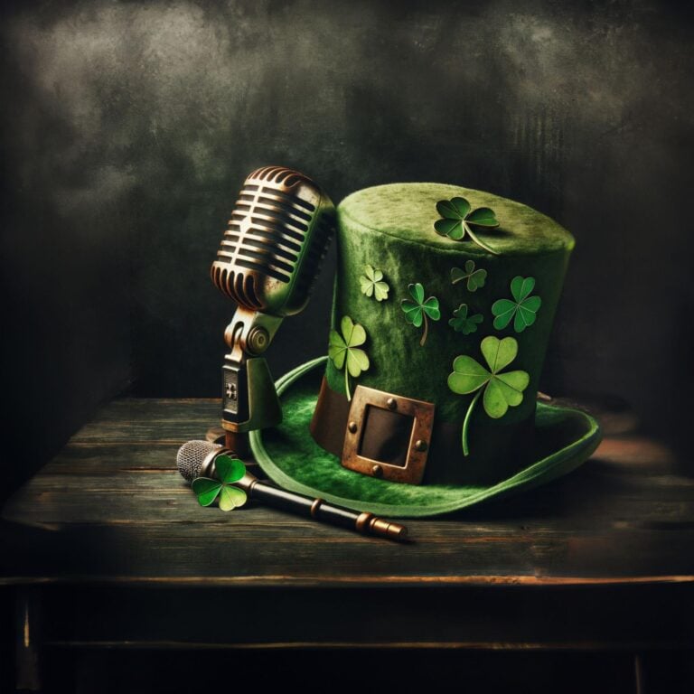 a green hat and microphone on a table